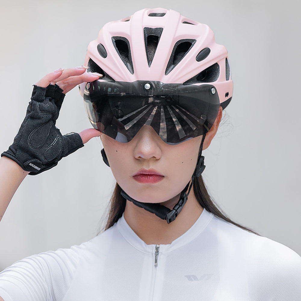 Rockbros Bike Helmet with Visor, Detachable UV Goggles, Detachable Visor, Unisex - Pink