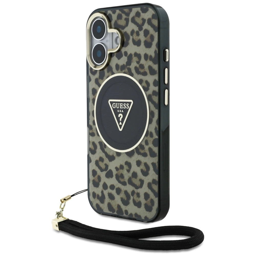 Guess HC IML Leopard Triangle Cord Strap MagSafe iPhone 16 Case - Brunt