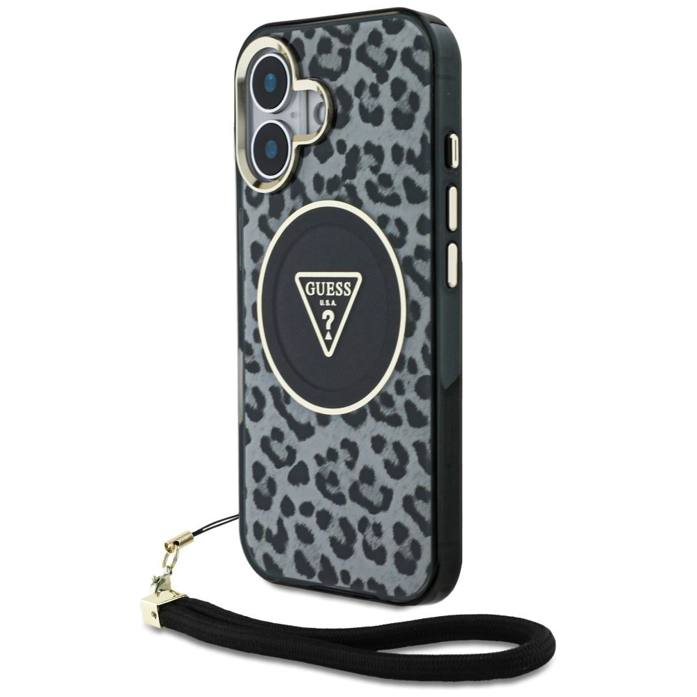 Guess HC IML Leopard Triangle Cord Strap MagSafe sag til iPhone 16 - sort