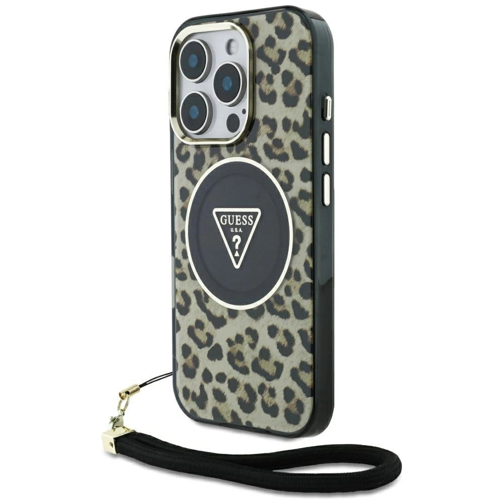 Guess HC IML Leopard Triangle Cord Strap MagSafe Case til iPhone 16 Pro - Brunt
