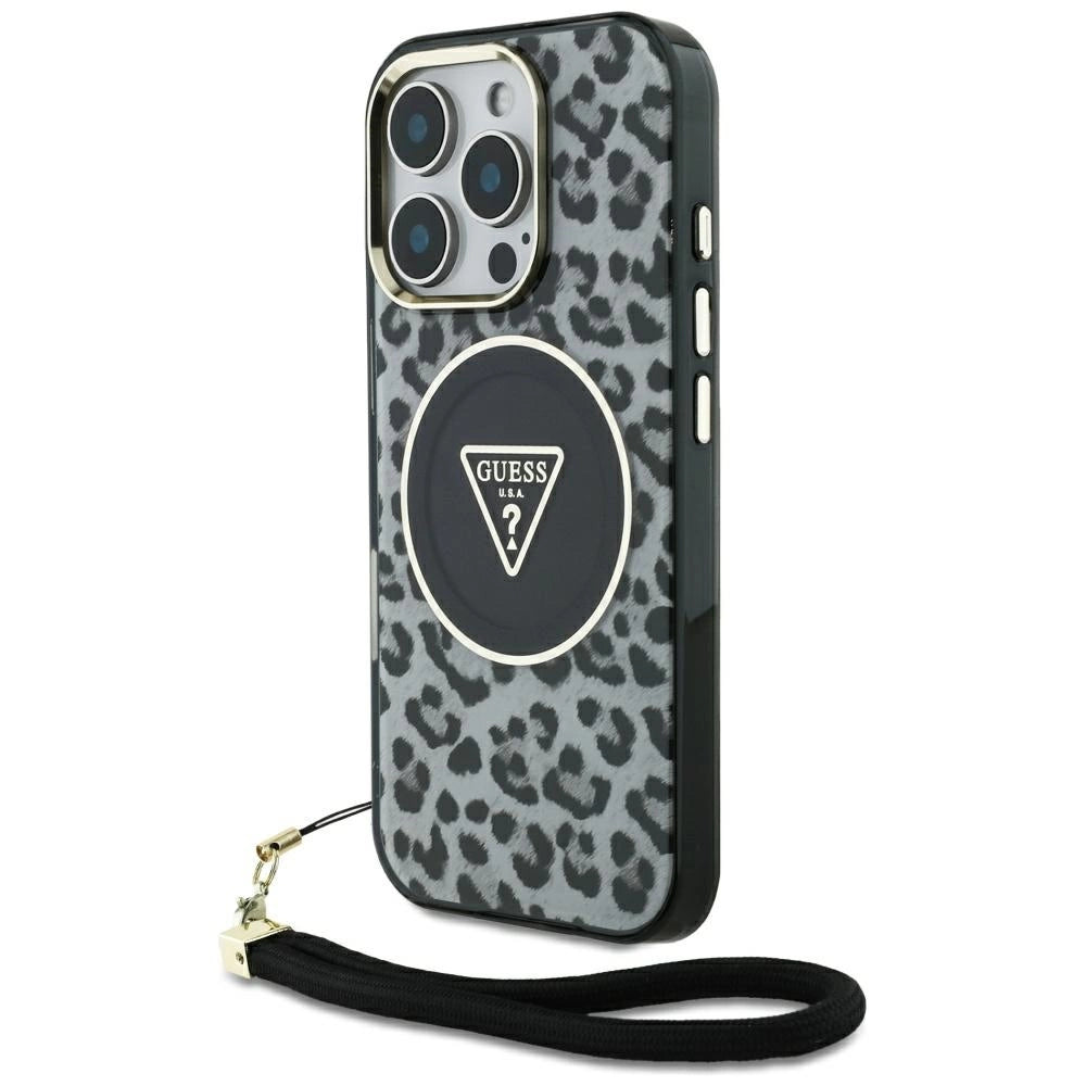 Guess HC IML Leopard Triangle Cord Strap MagSafe Case til iPhone 16 Pro - sort