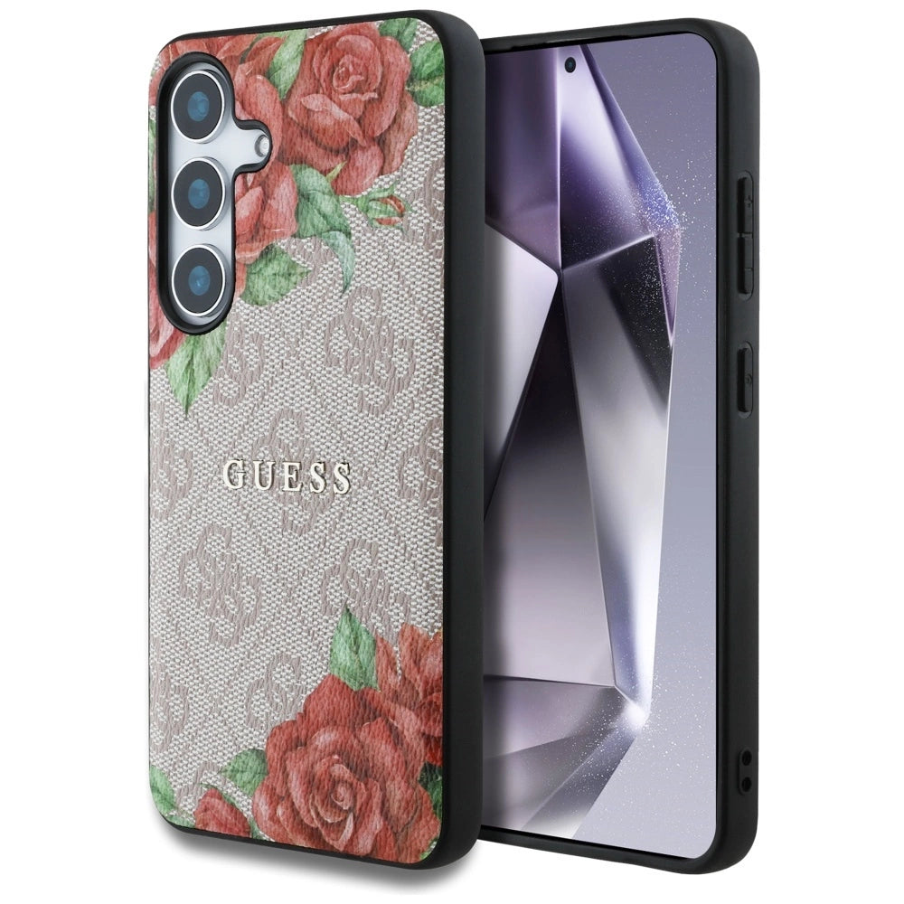 Guess læder 4G blomster print Metal Classic Logo MagSafe Case til Samsung Galaxy S25 - Pink