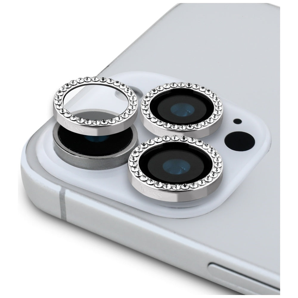 Guess BP Rhinestone 2in1 Screen Protector and Camera Lens Set for iPhone 16 Pro Max - Silver