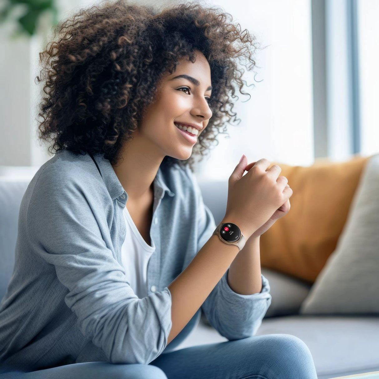 Hama 8900 GPS AMOLED Smartwatch 1,32" med beige silikonrem - guld