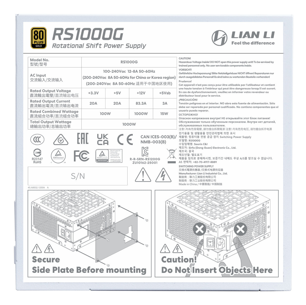 Lian Li RS1000G enhed til strømforsyning 1000 W 20+4 pin ATX ATX Hvid