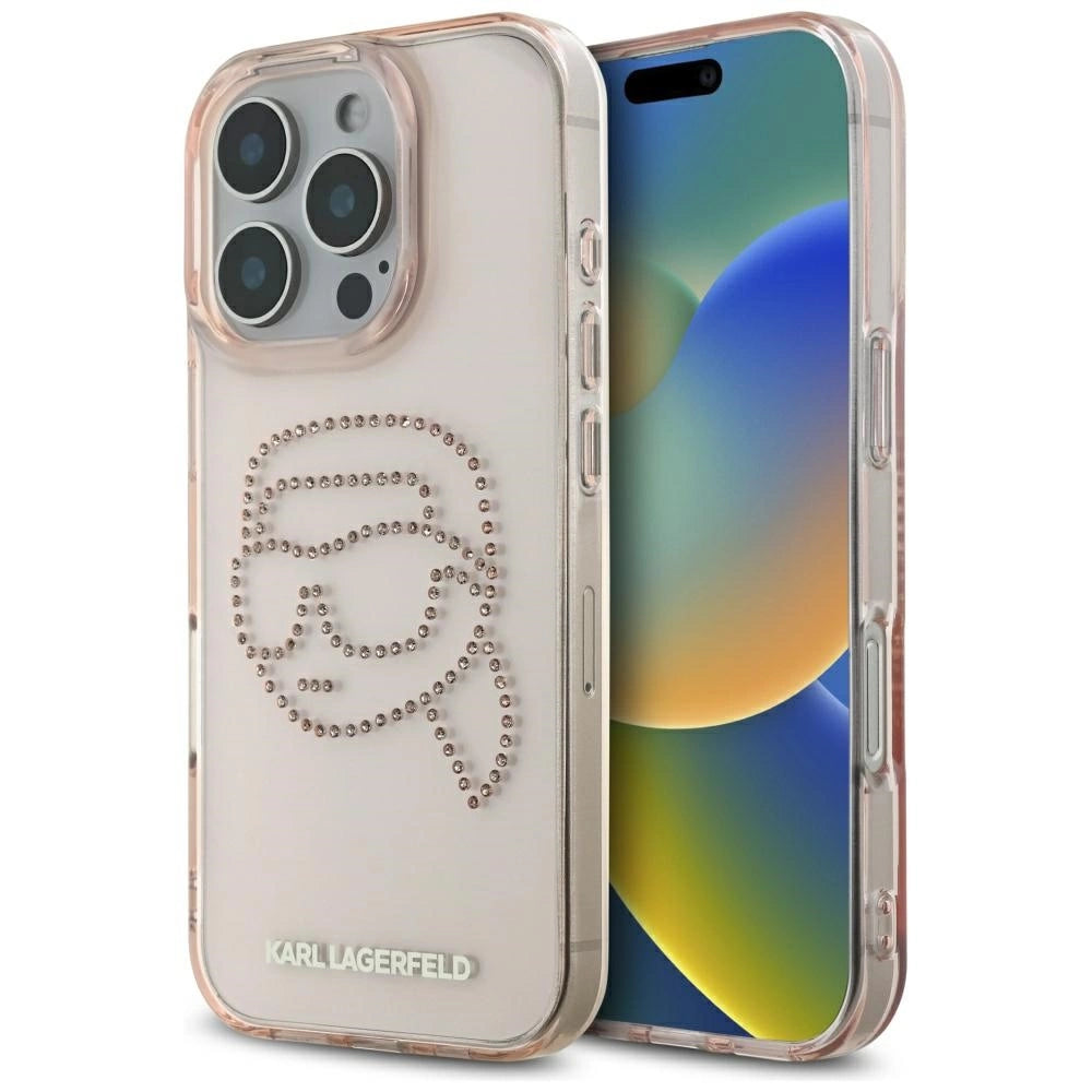Karl Lagerfeld IML Rhinestones Karl Head Case for iPhone 16 Pro Pink