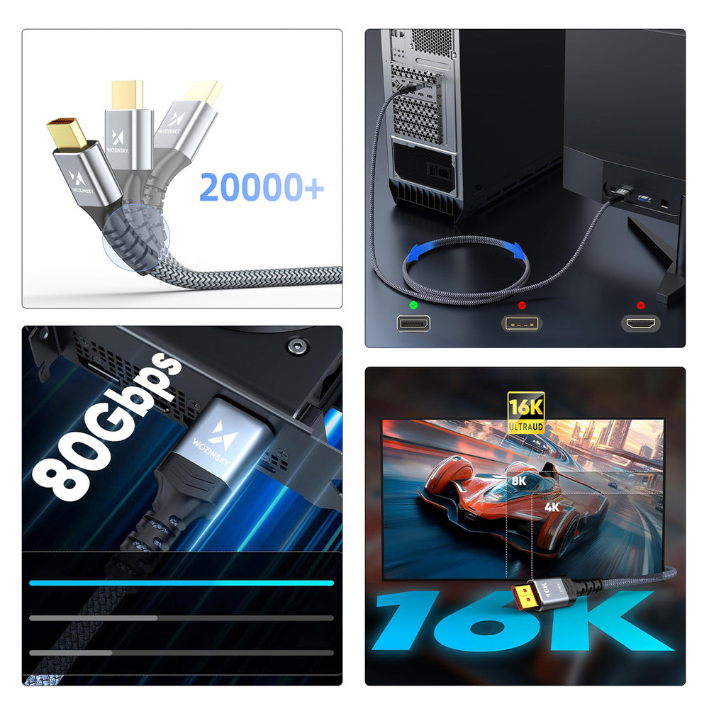 Wozinsky WPS-16AYL3S DisplayPort 2.1 Kabel VESA Certificeret 80 Gb/s 16K@60Hz 8K@120Hz 4K@240Hz HDR HDCP DSC 3m - Sort
