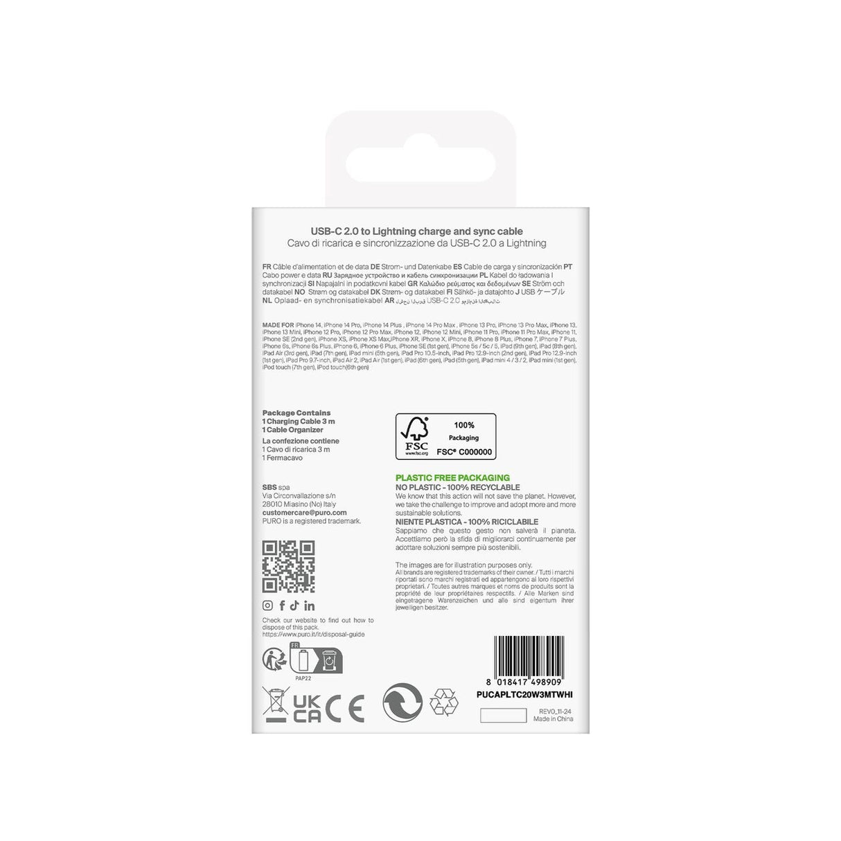 Puro TPE 20W USB-C - Lightning Cable 3m - hvid