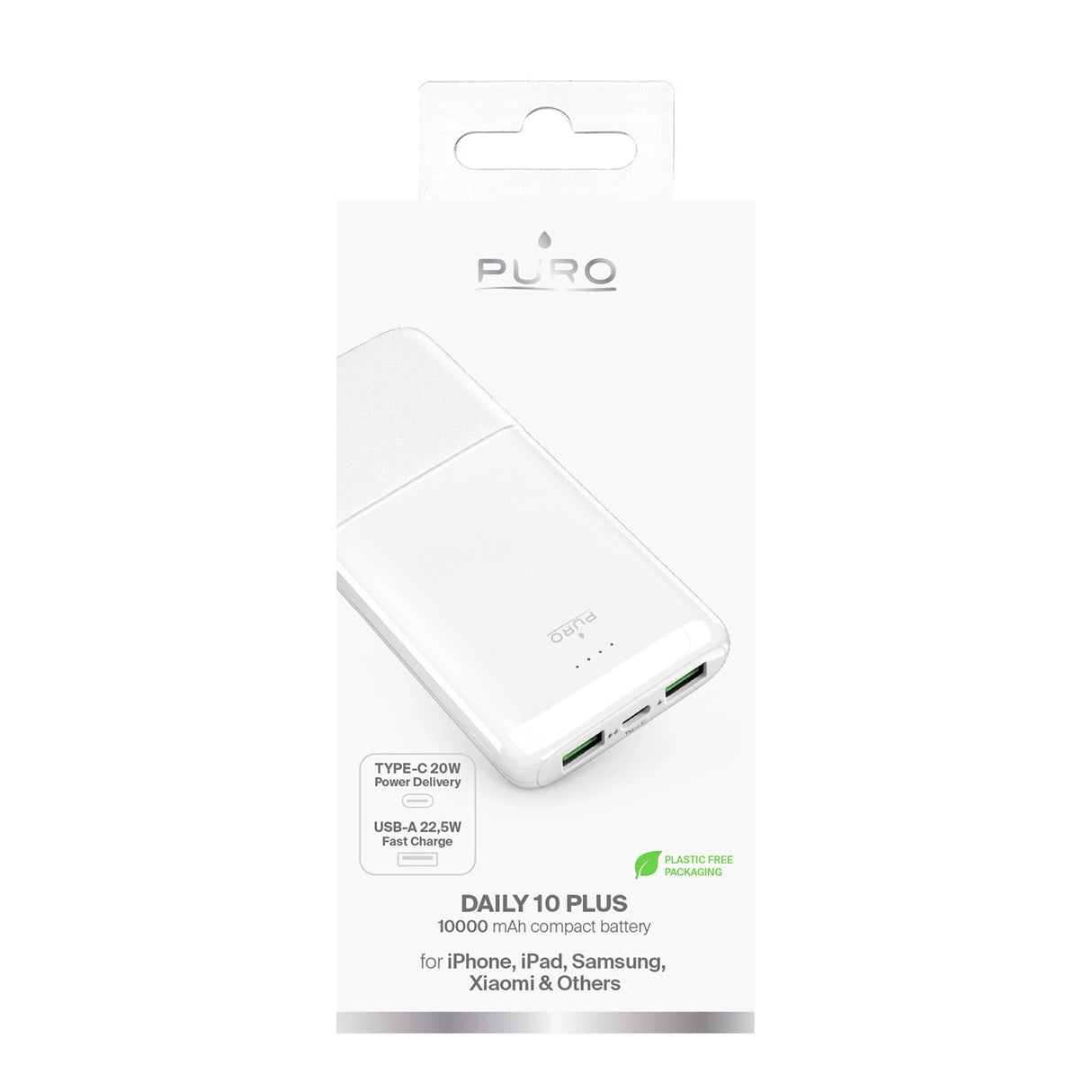 Powerbank Puro DAILY 10 PLUS 10000mAh 2x USBA / 1x USB-C 22,5W - hvid