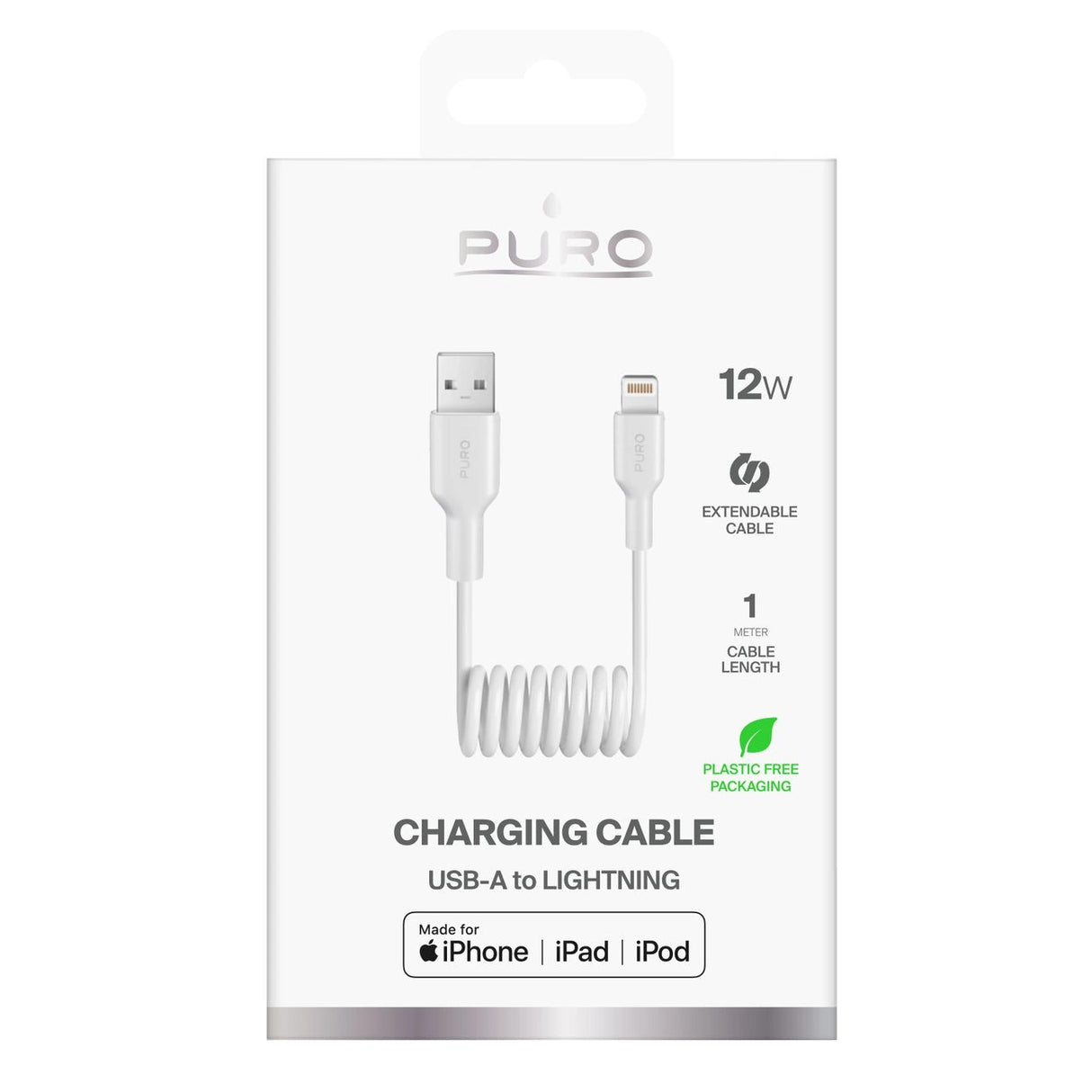 Puro 12W USB-A - Lightning Spiral Cable 1m - hvid