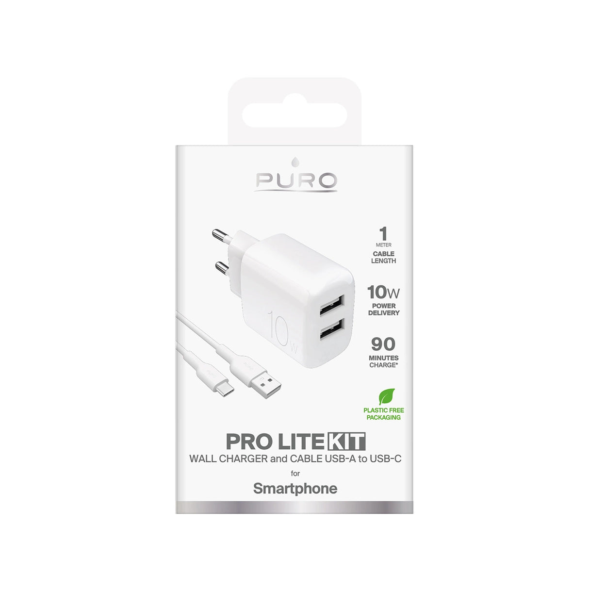 Puro PROLITE 10W 2x USB-A vægoplader + USB-A - USB-C kabel 1,2 m - hvid