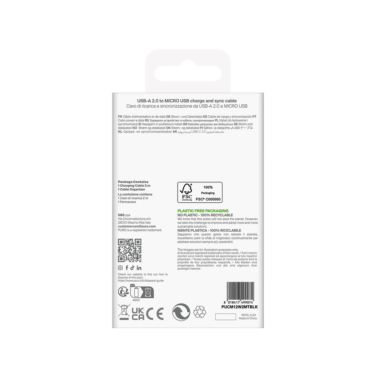 Puro 12W TPE USB-A - microUSB 2m Kabel - sort