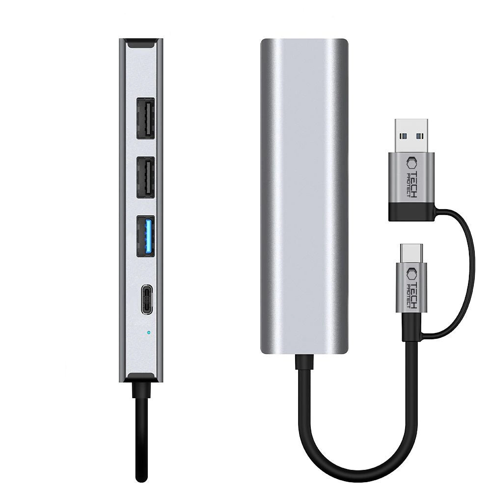 Tech-Protect HB03 HUB Adapter 5in1 USB-C + USB2.0 + USB3.0 + RJ45 - grå