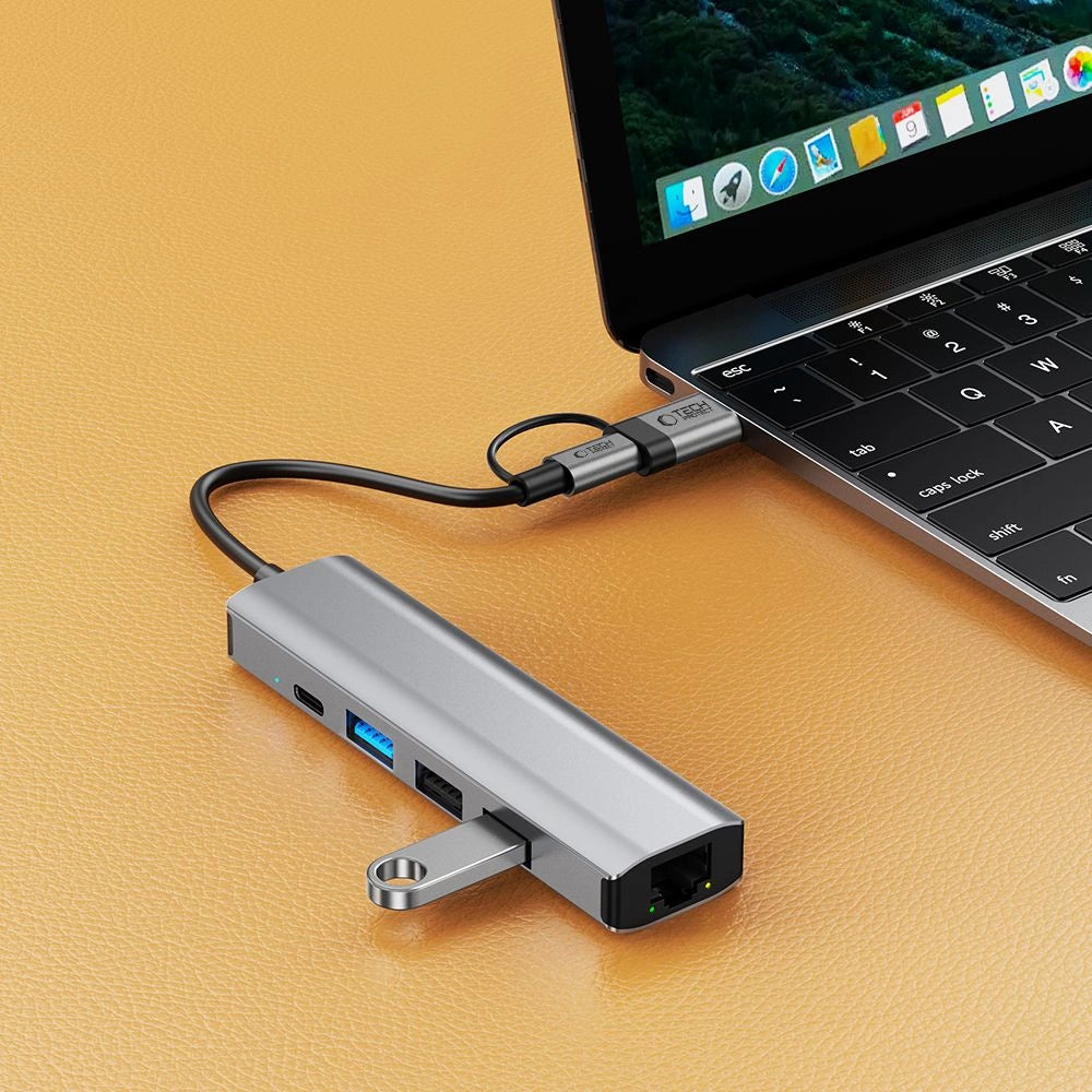 Tech-Protect HB03 HUB Adapter 5in1 USB-C + USB2.0 + USB3.0 + RJ45 - grå