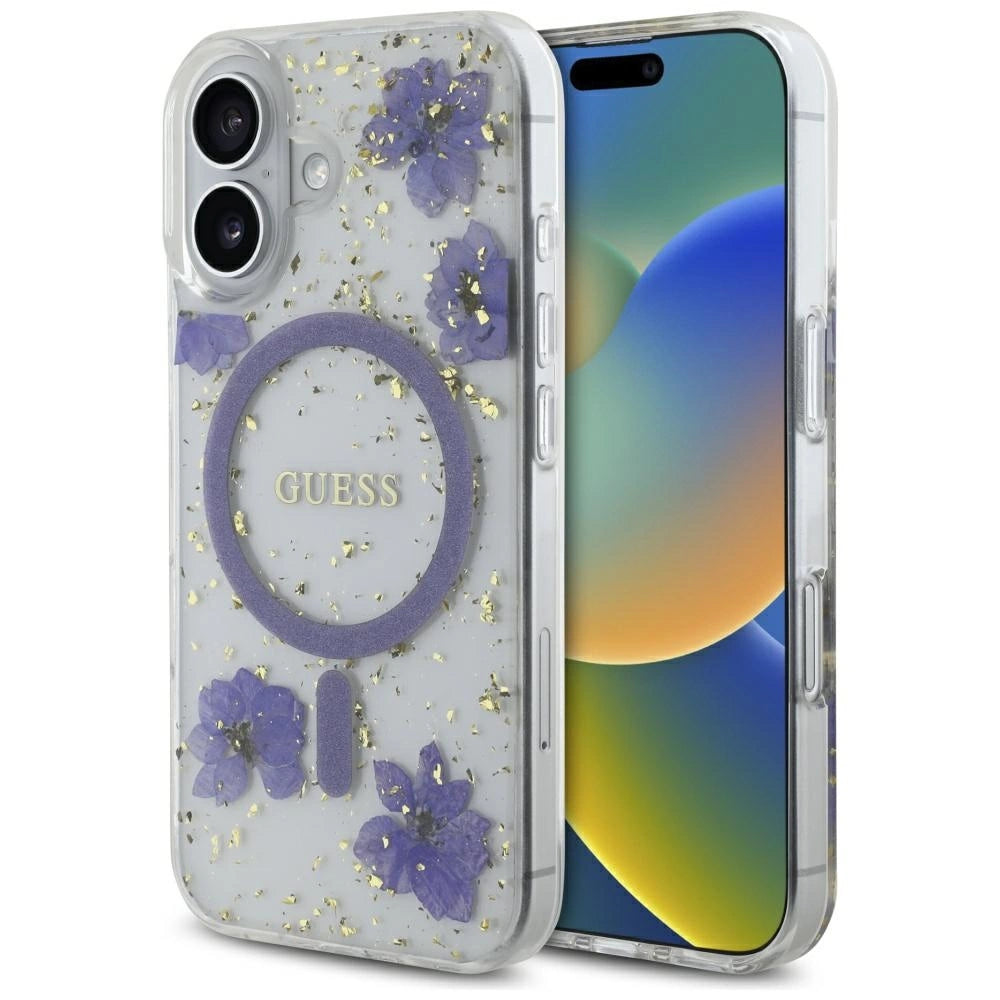 Guess Resin Flowers Glitter MagSafe-hylster til iPhone 16 - lilla