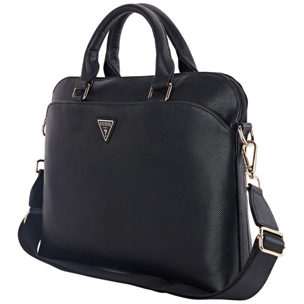 Guess Grained Zipper Pocket Triangle Logo 15" Laptop Bag - Black