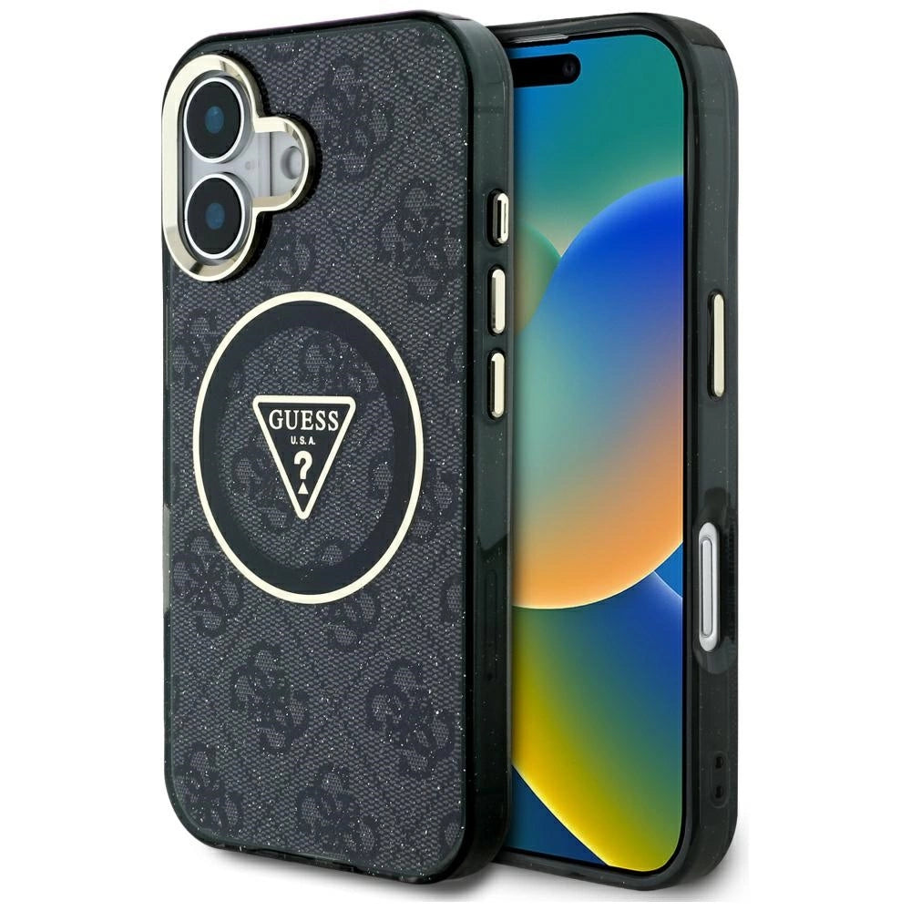 Guess IML Metal Glitter 4G Circle Triangle MagSafe Case for iPhone 16 - Black