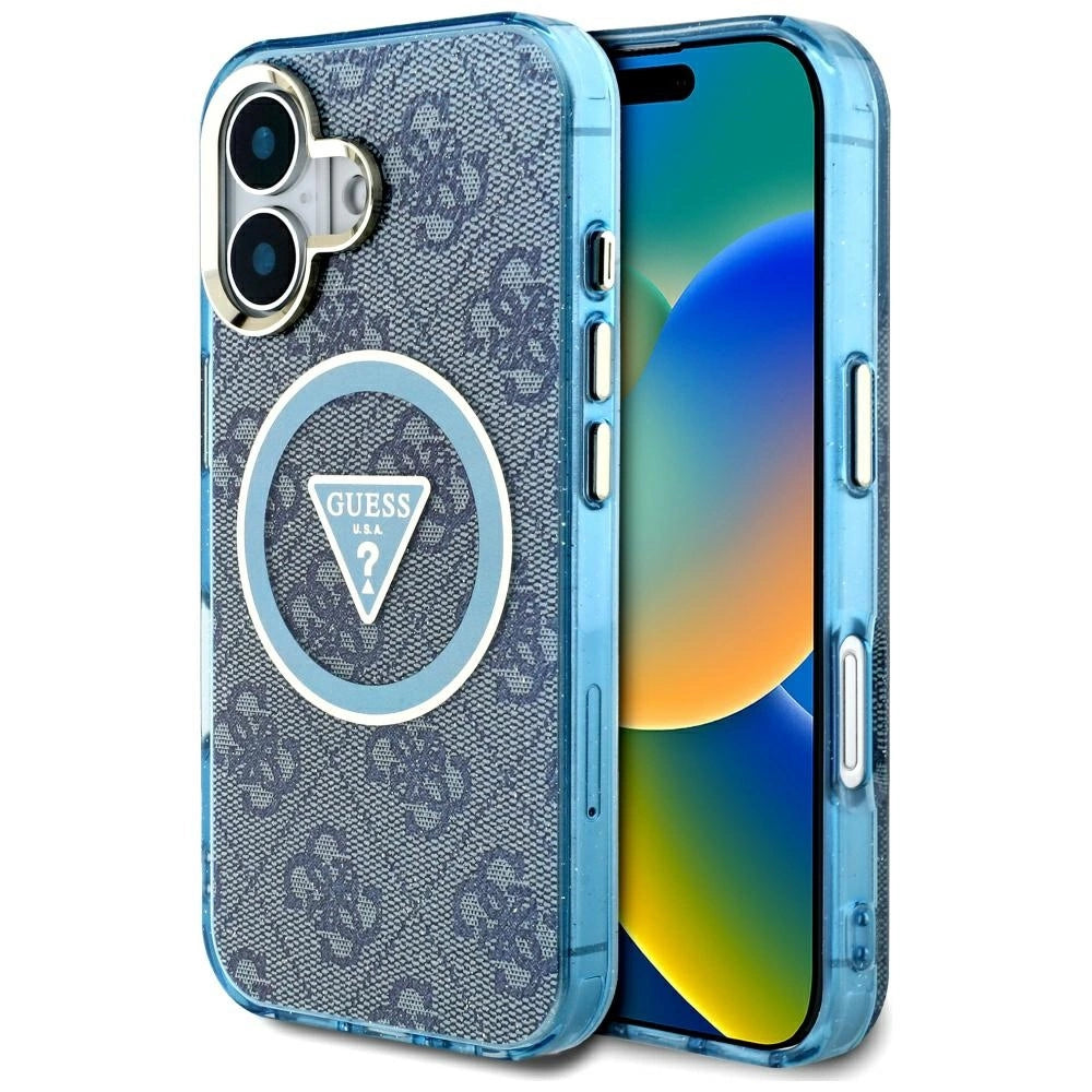 Guess IML Metal Glitter 4G Circle Triangle MagSafe Case til iPhone 16 - Blå