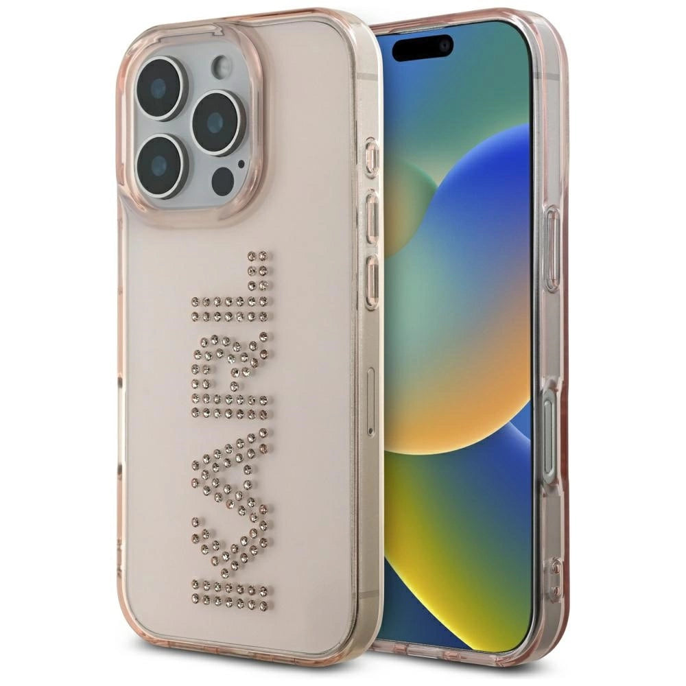 Karl Lagerfeld IML Rhinestones Logo iPhone 16 Pro Case - Pink