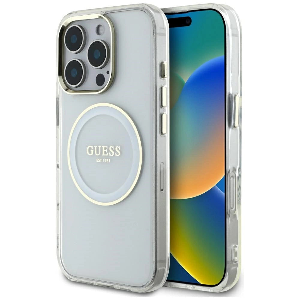 Guess IML Metal Colored Circle Classic Logo MagSafe-hylster til iPhone 16 Pro - hvid