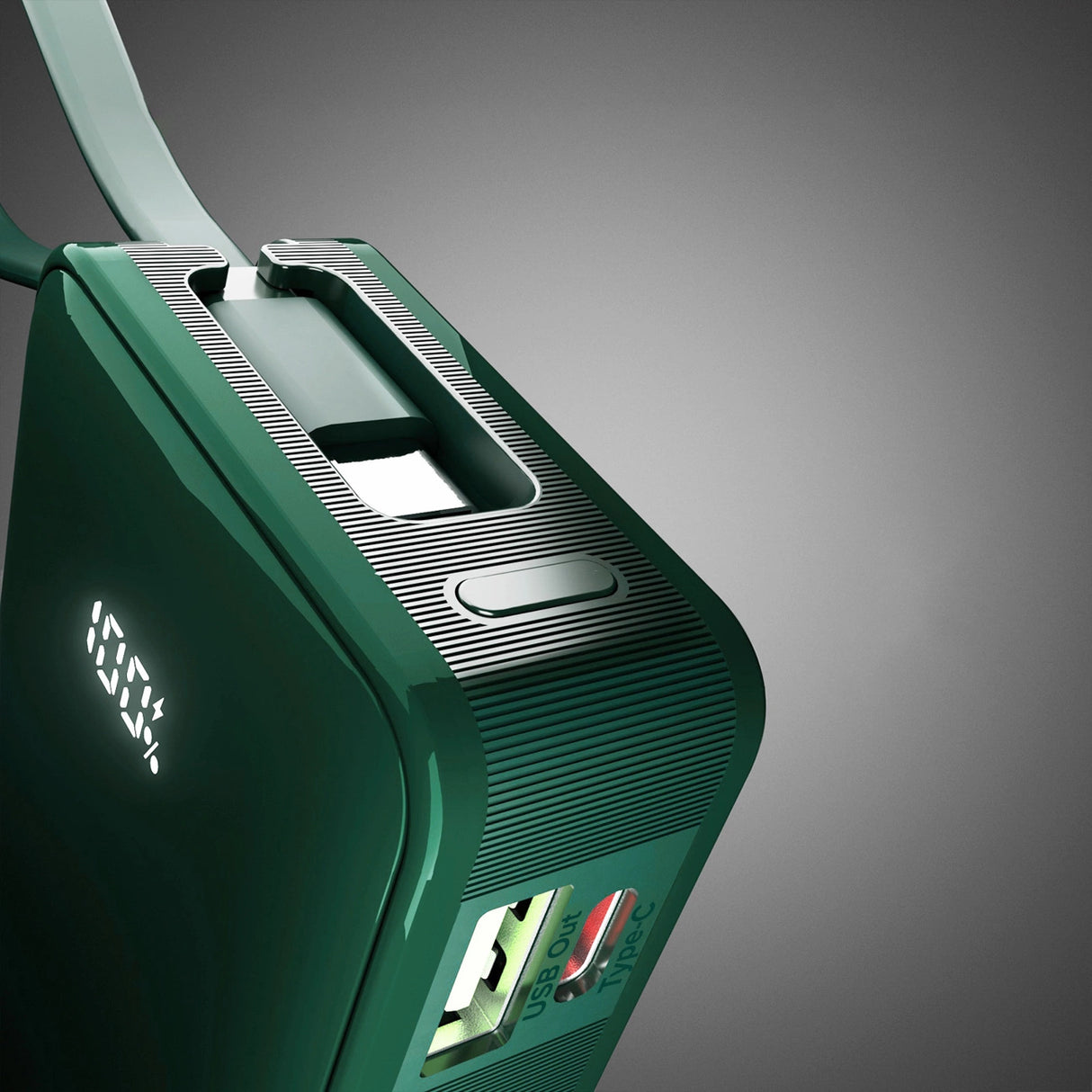 Powerbank SBS 10000 mAh 20W med indbygget USB-C-kabel og digital skærm - grøn