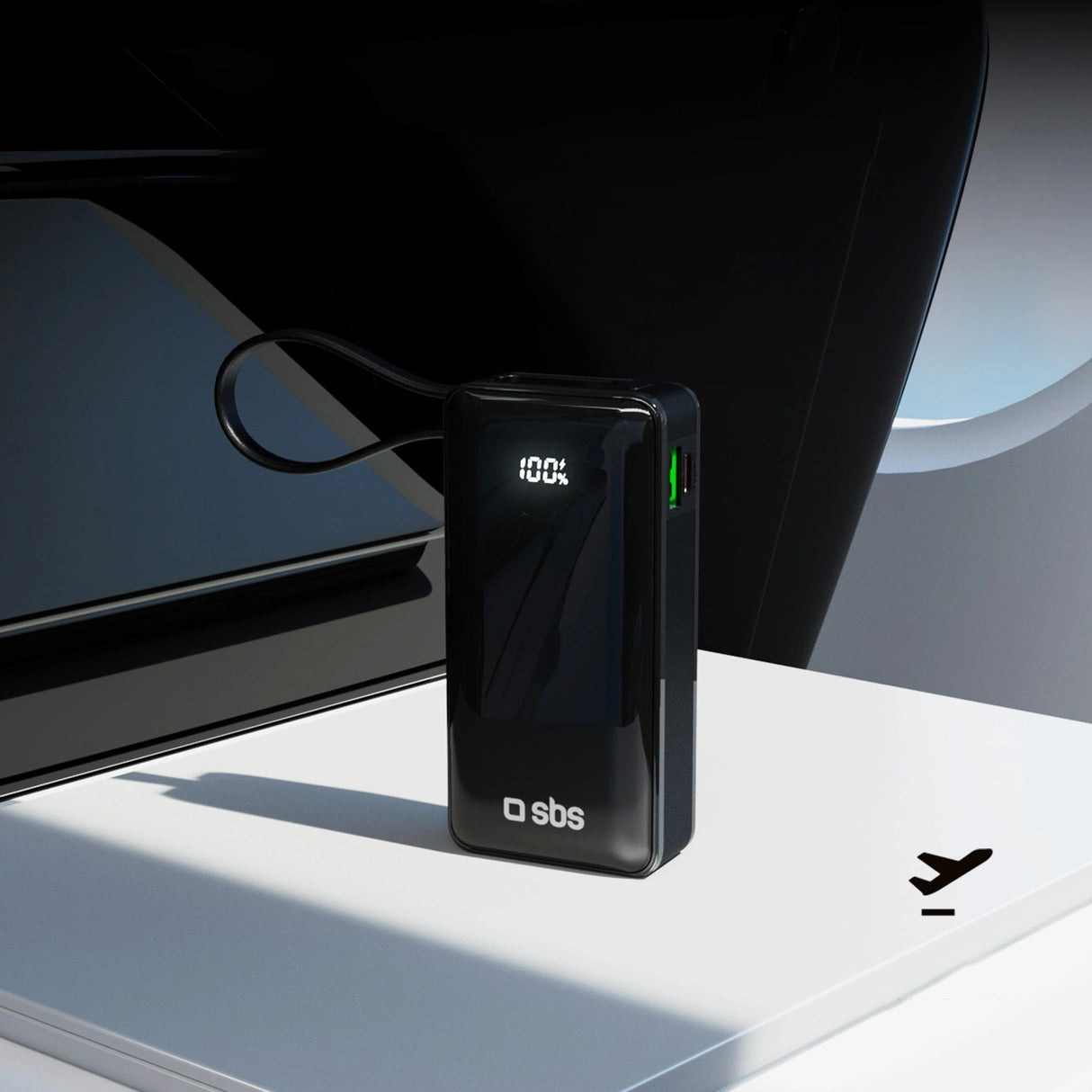 Powerbank SBS 10000 mAh 20W med indbygget USB-C-kabel og digital skærm - sort