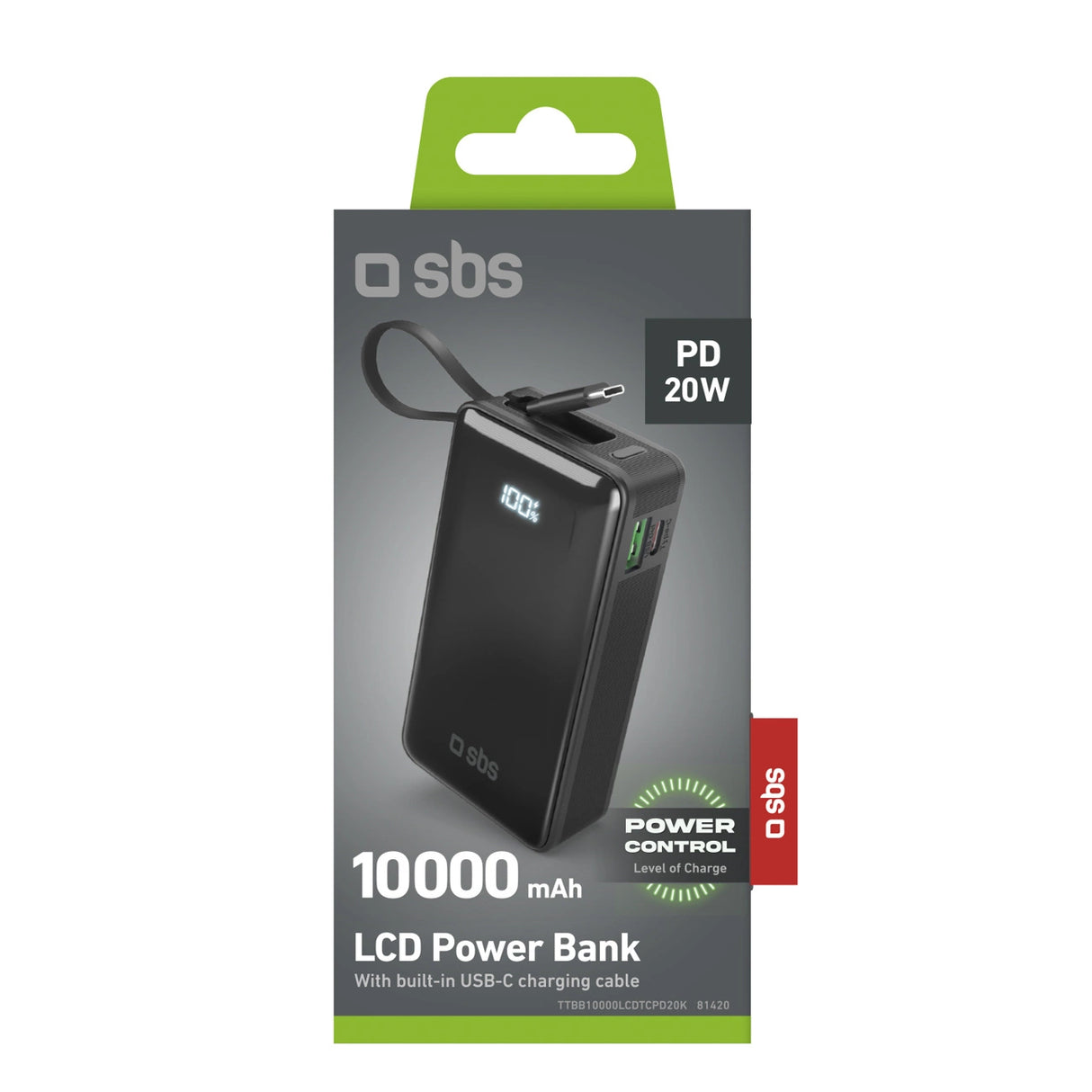 Powerbank SBS 10000 mAh 20W med indbygget USB-C-kabel og digital skærm - sort