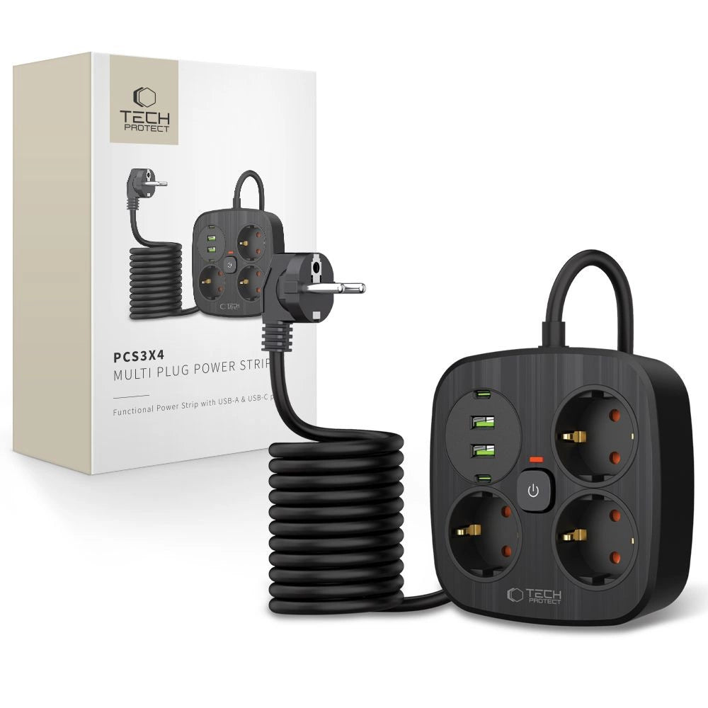 Tech-Protect PCS3X4 strømstrimmel, 3 stikkontakter, 2xUSB-A, 2xUSB-C 200 cm - sort