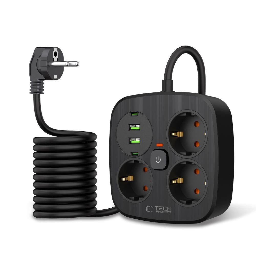 Tech-Protect PCS3X4 strømstrimmel, 3 stikkontakter, 2xUSB-A, 2xUSB-C 200 cm - sort