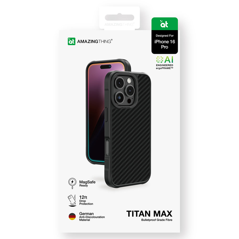 AmazingThing Titan Max Case med 1500D Aramid Fibre til iPhone 16 Pro - sort