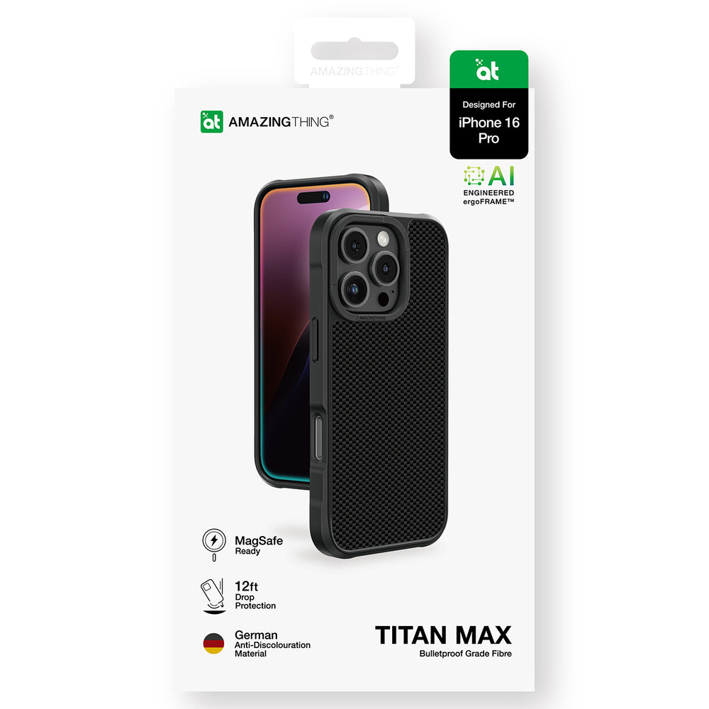 AmazingThing Titan Max Case med 600D Aramid Fibre til iPhone 16 Pro - sort