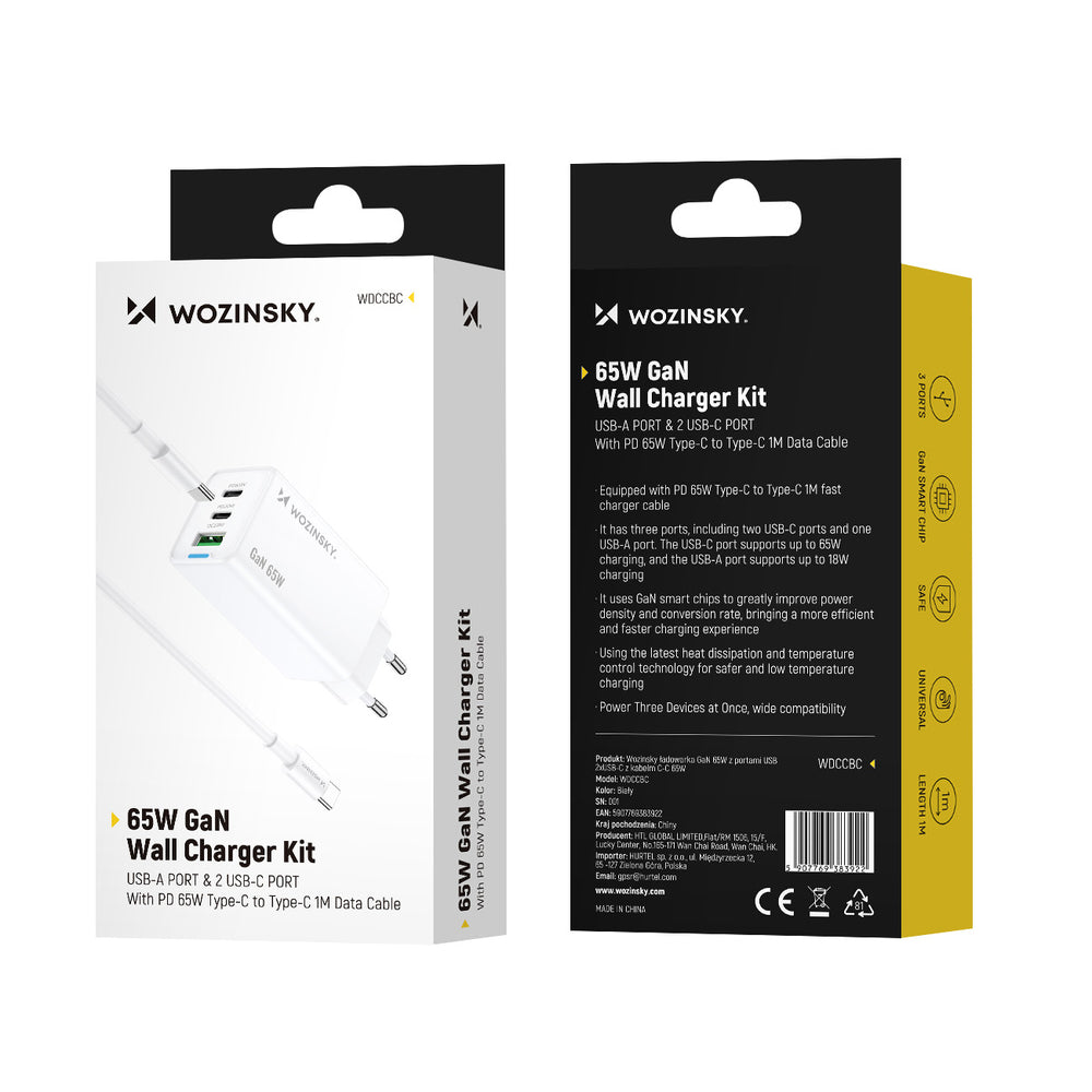 Wozinsky GaN 65W oplader med 2xUSB-C USB-porte med 65W CC kabel - hvid