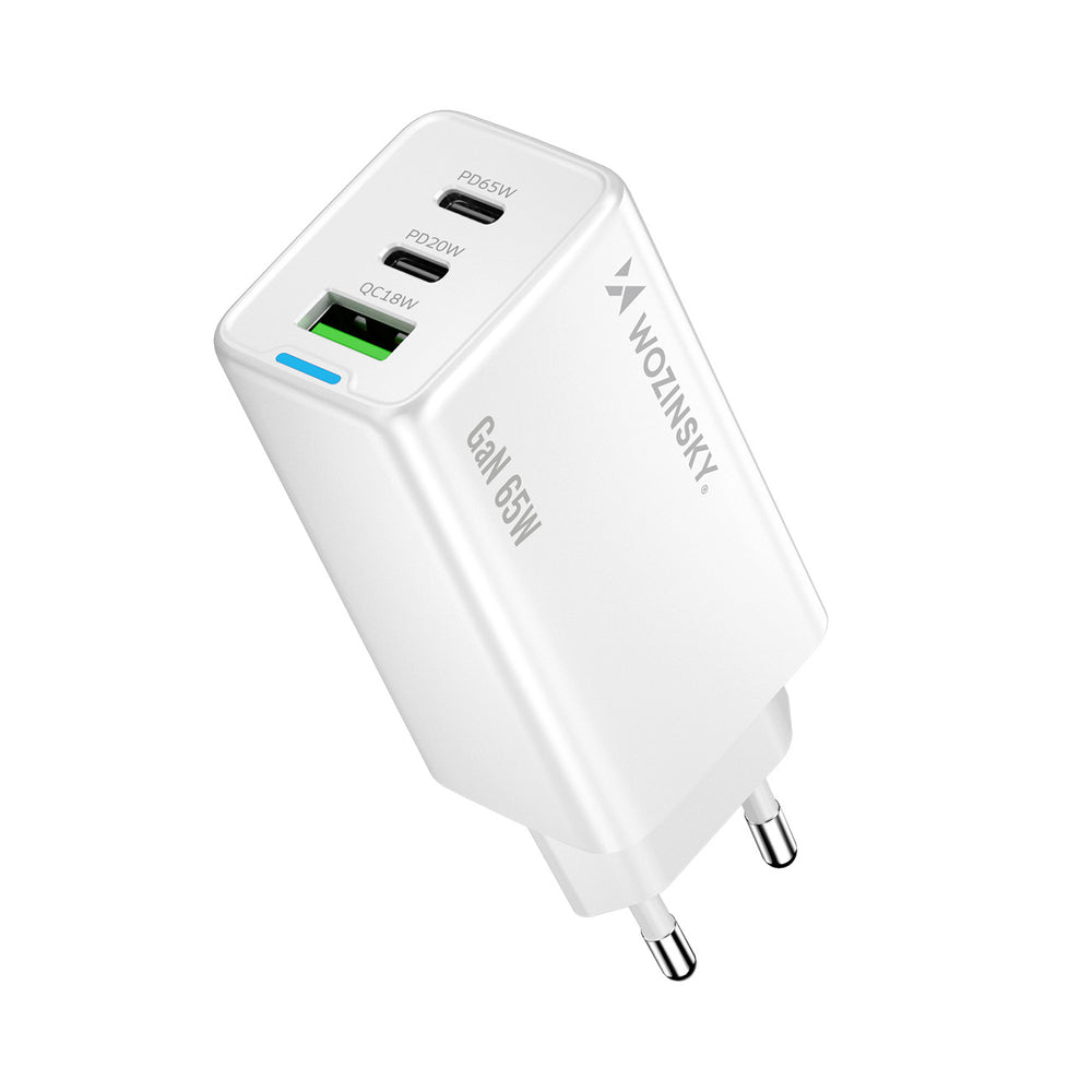 Wozinsky GaN 65W oplader med 2xUSB-C USB-porte med 65W CC kabel - hvid