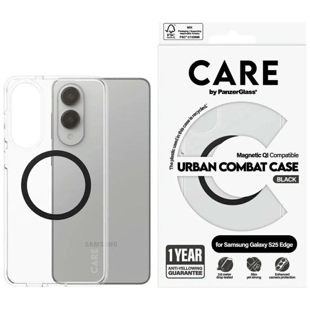 CARE af PanzerGlass Flagship Urban Combat Black QI Case til Samsung Galaxy S25 Edge - Transparent