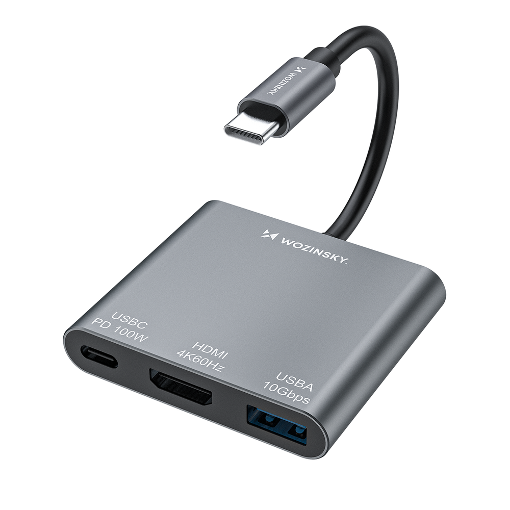 Hub Wozinsky WHCH-01 USB-C PD 100W HDMI 4K@30Hz USB-A 10Gbps - grå