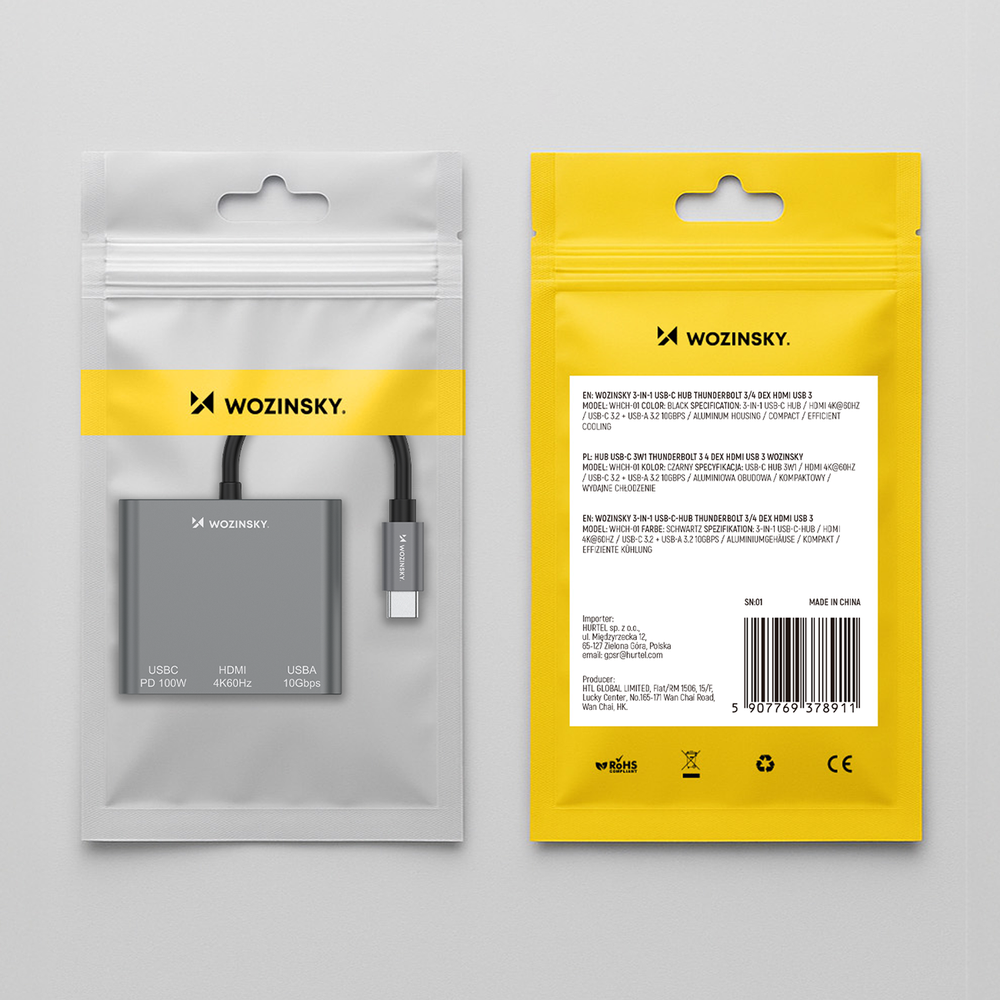 Hub Wozinsky WHCH-01 USB-C PD 100W HDMI 4K @ 30Hz USB-A 10Gbps - grå