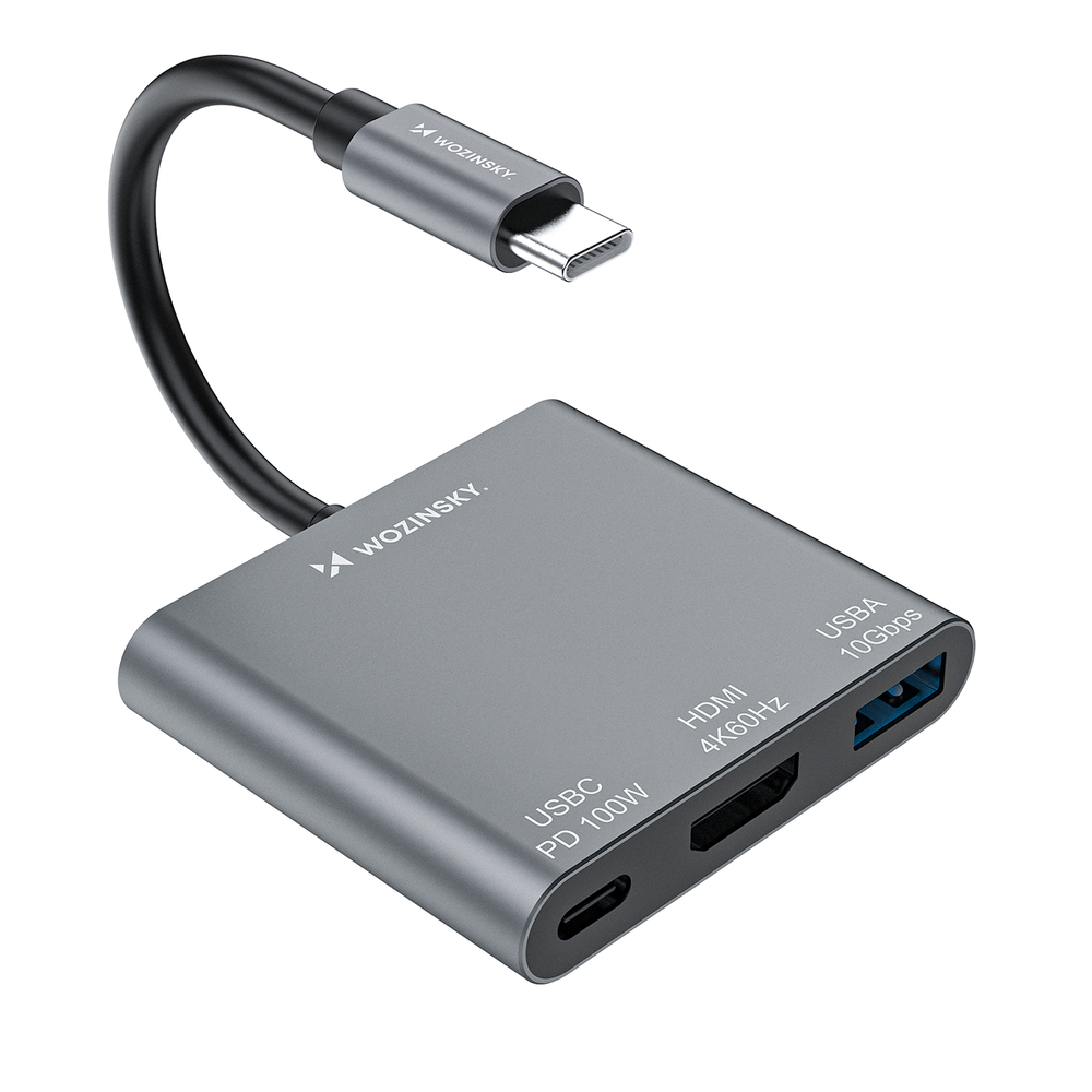 Hub Wozinsky WHCH-01 USB-C PD 100W HDMI 4K@30Hz USB-A 10Gbps - grå