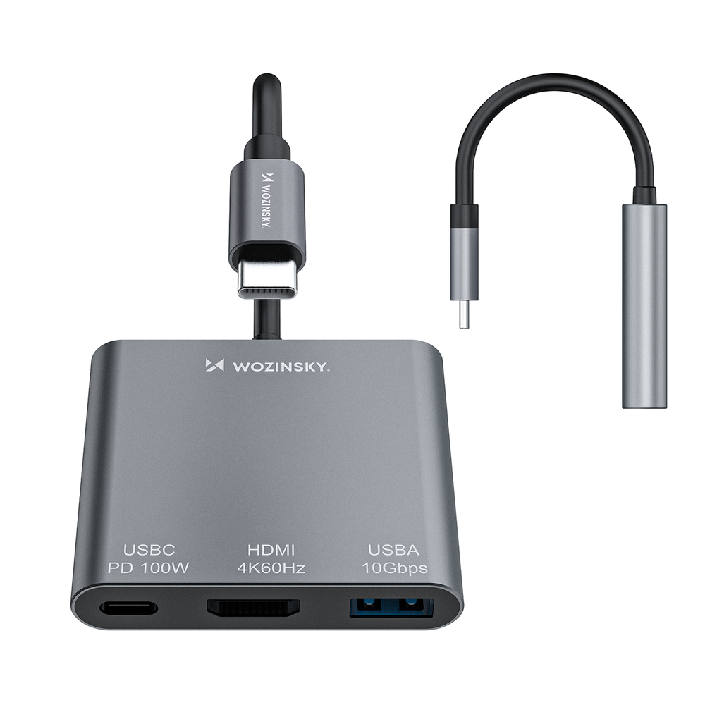 Hub Wozinsky WHCH-01 USB-C PD 100W HDMI 4K@30Hz USB-A 10Gbps - grå