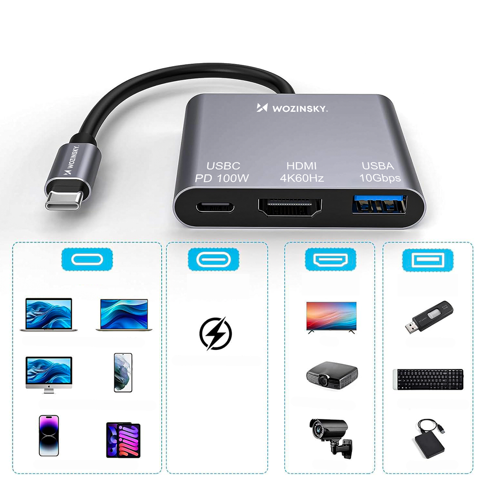Hub Wozinsky WHCH-01 USB-C PD 100W HDMI 4K@30Hz USB-A 10Gbps - grå