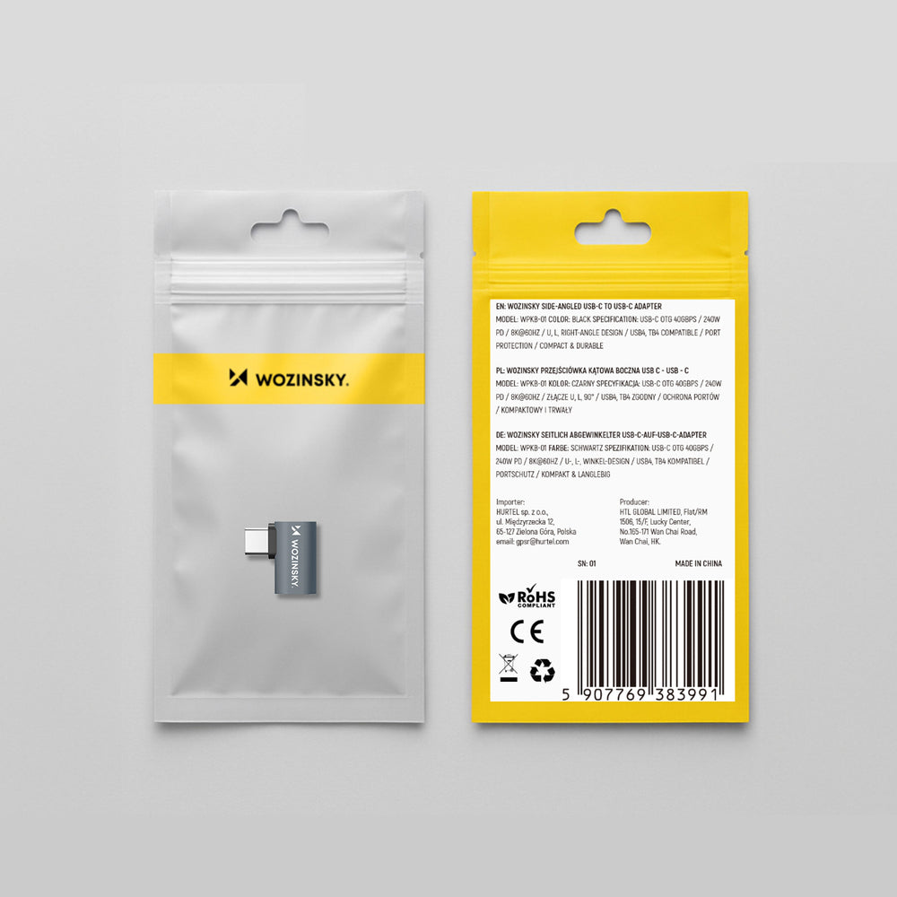 Wozinsky WPKB-01 USB-C - USB-C 40Gb/s 240W 8K OTG Side Angled Adapter - Grå