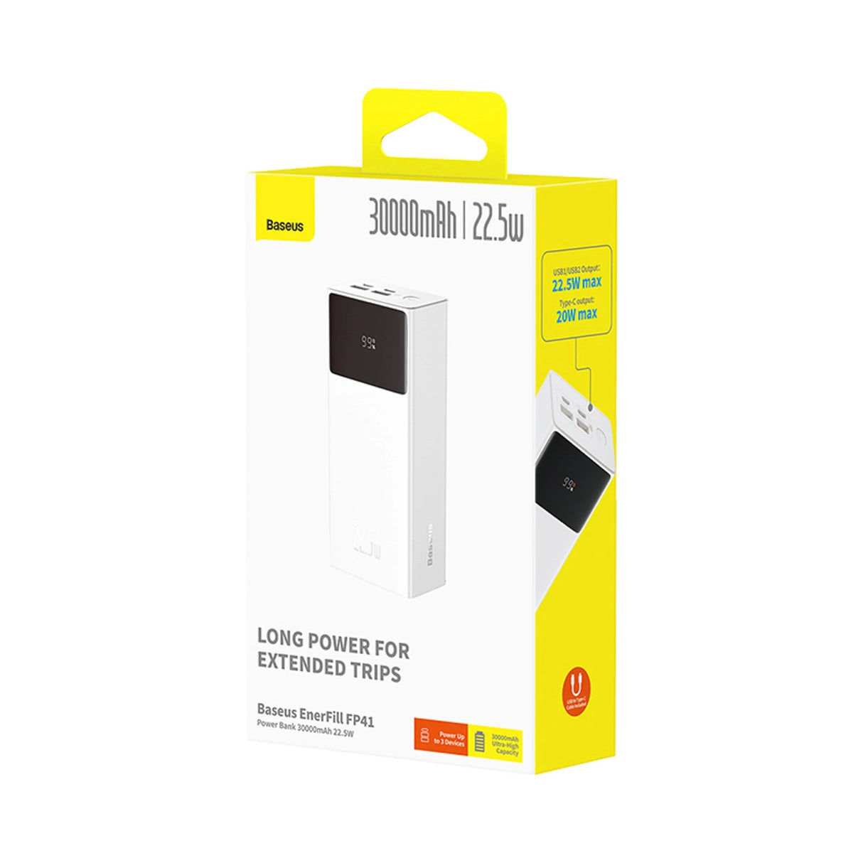 Baseus EnerFill FP41 30000mAh 22.5W Powerbank med Baseus Simple USB-A - USB-C 3A 30cm Kabel - Hvid