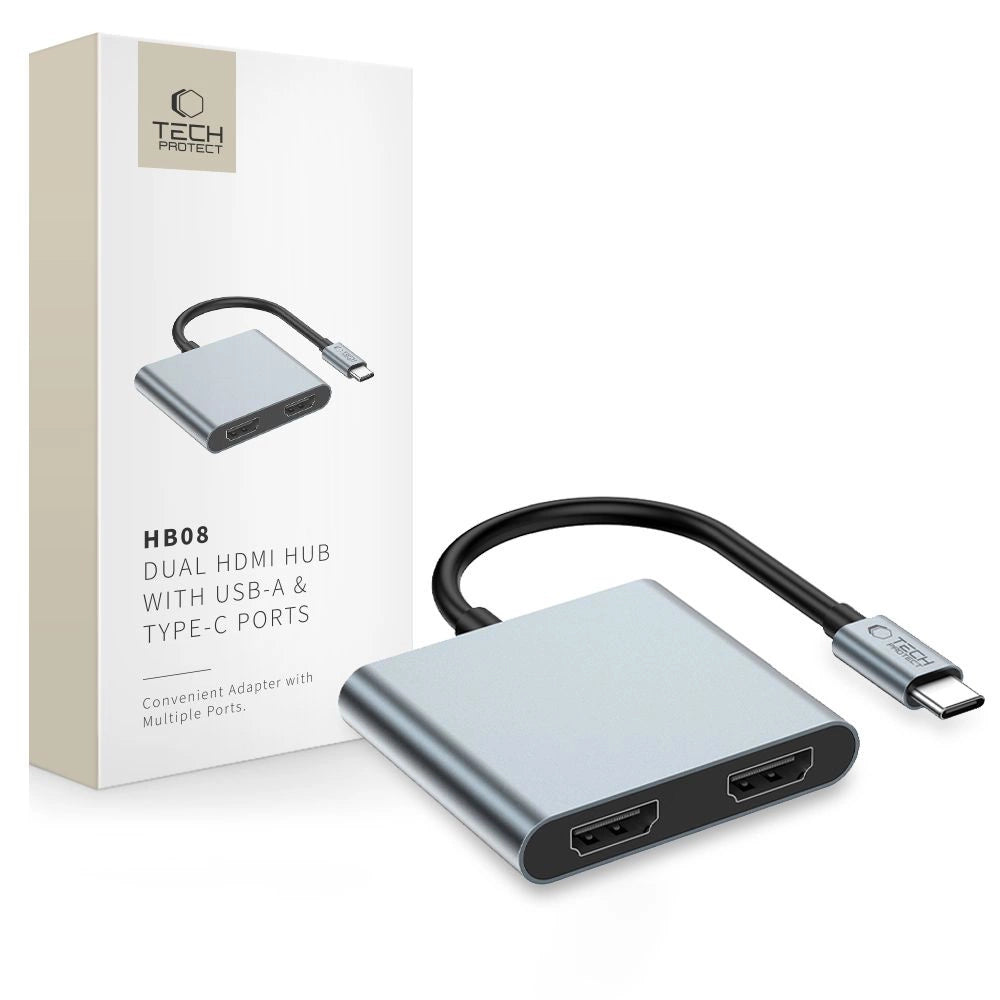 Tech-Protect HB08 4in1 USB-C + USB2.0 + 2 x HDMI 4K 60HZ adapter - grå