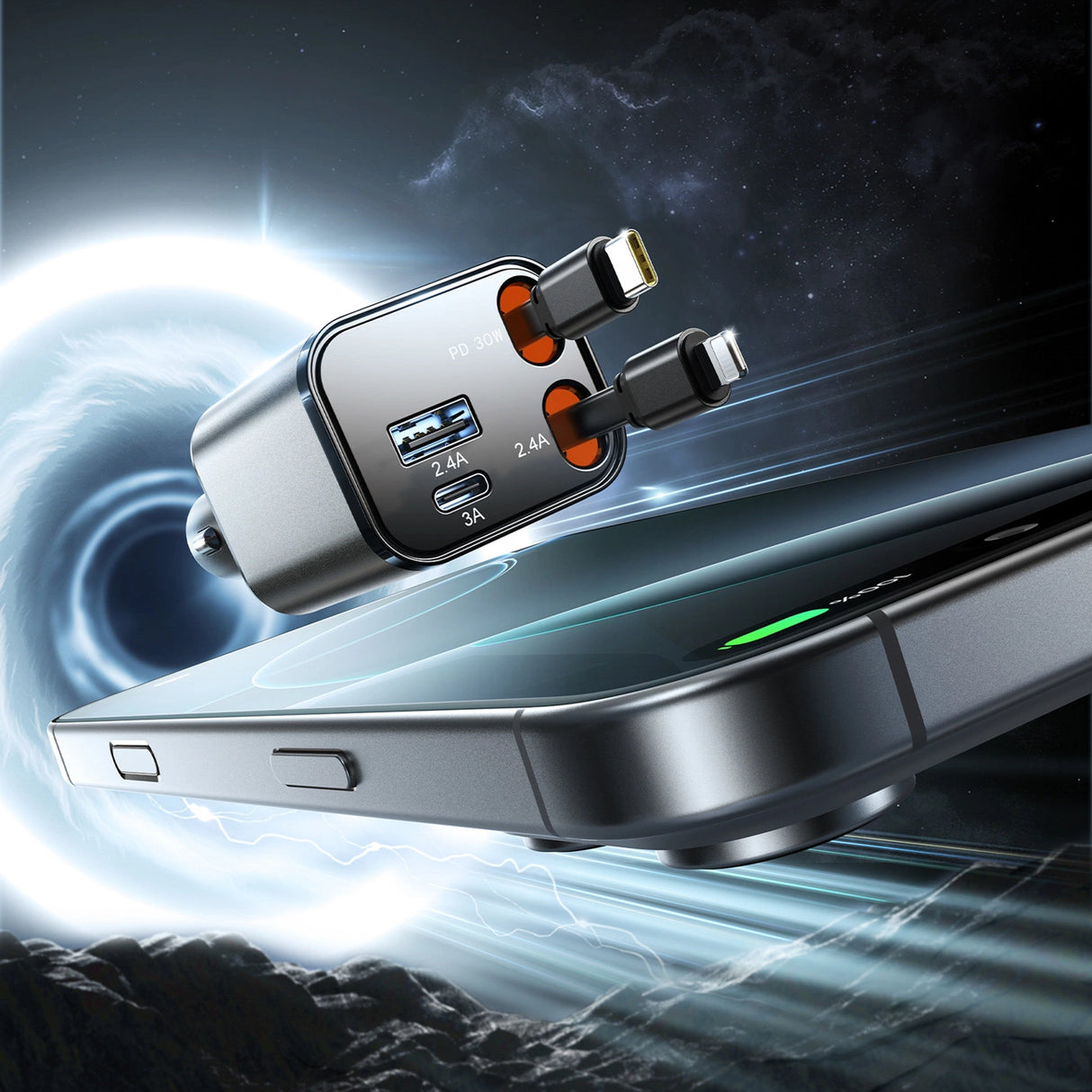 Joyroom JR-CCL05 30W 4-i-1-biloplader med 2 indbyggede indtrækbare kabler - mørkgrå