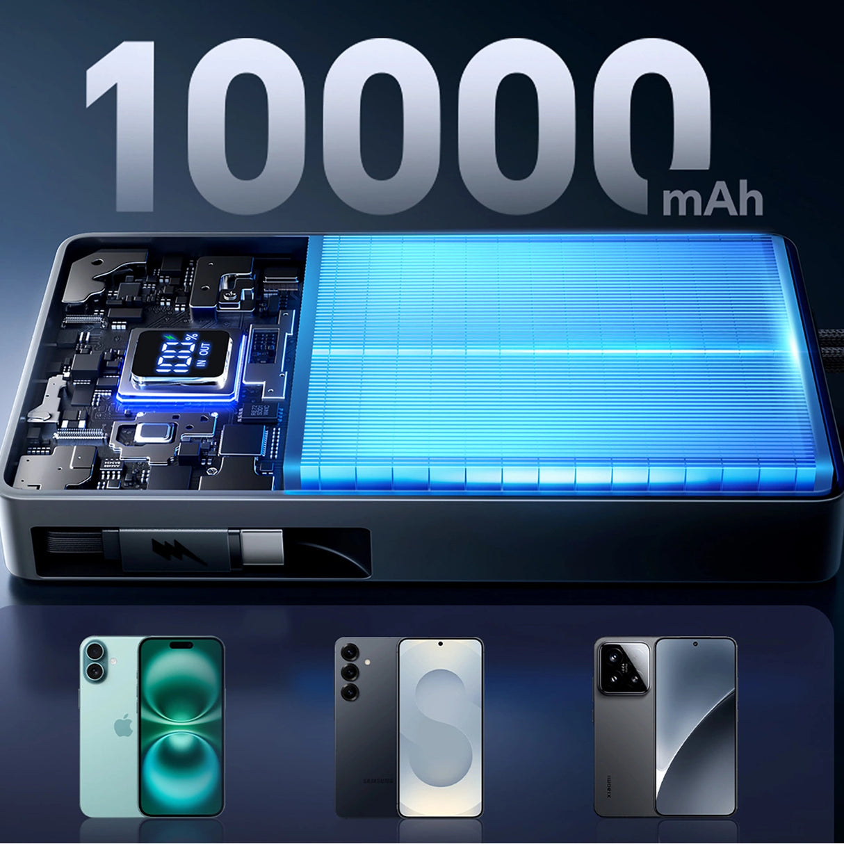 Joyroom JR-PR1 10000mAh 22.5W Powerbank med indbygget indtrækbart USB-C-kabel - sort