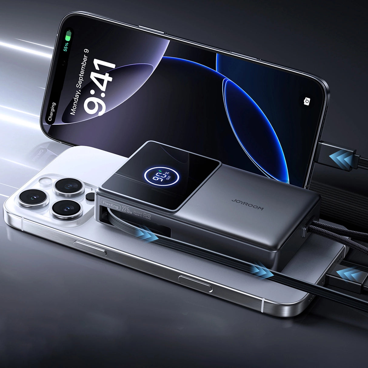 Joyroom JR-PR1 10000mAh 22.5W Powerbank med indbygget indtrækbart USB-C-kabel - sort