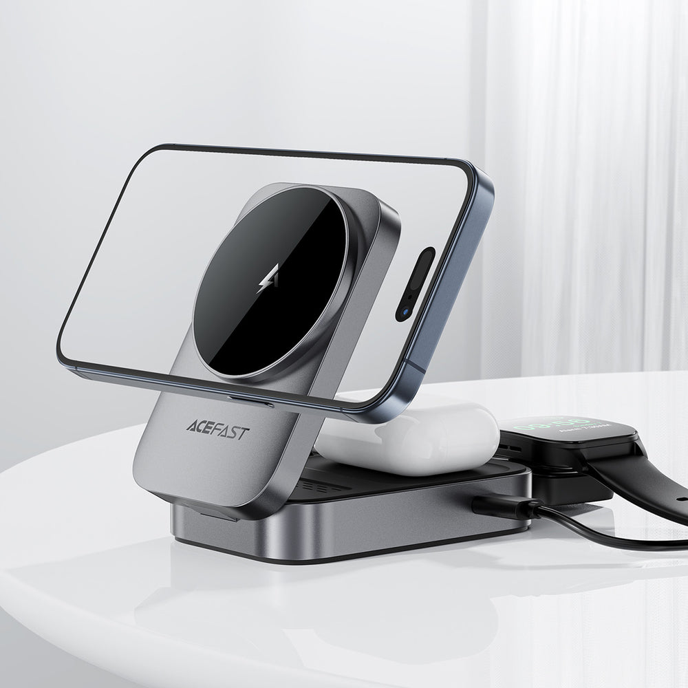 Acefast E22 3-in-1 Wireless Inductive Charging Station, MagSafe Compatible - Gray