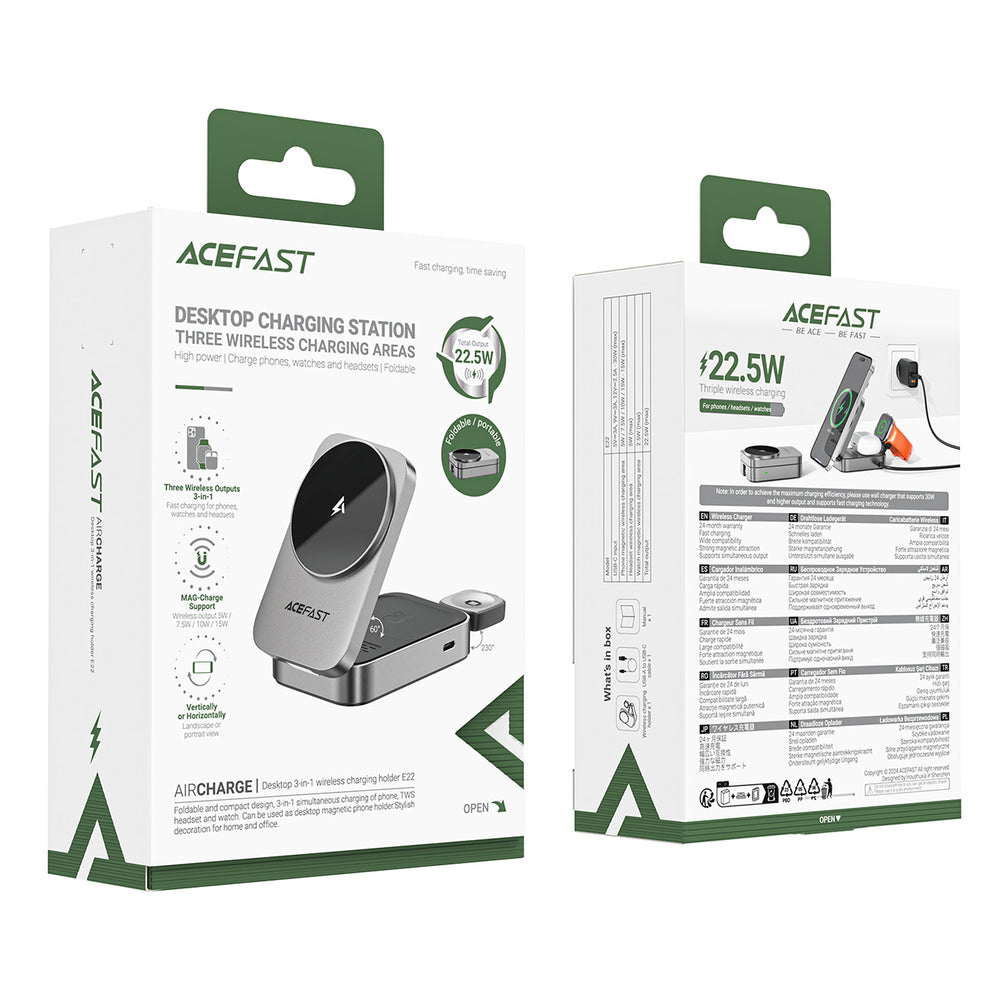 Acefast E22 3-in-1 Wireless Inductive Charging Station, MagSafe Compatible - Gray