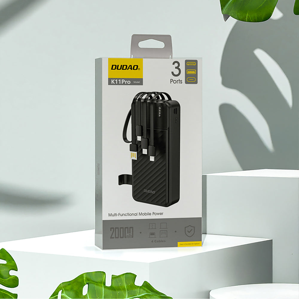 Dudao K11 Pro 20000mAh Powerbank med indbyggede kabler - sort