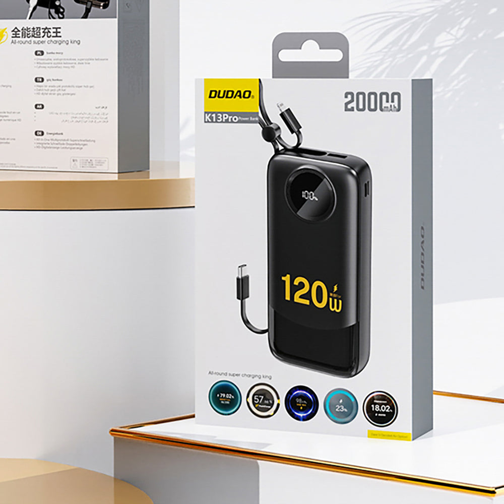 Dudao K13 10000mAh Powerbank med indbygget kabel - sort