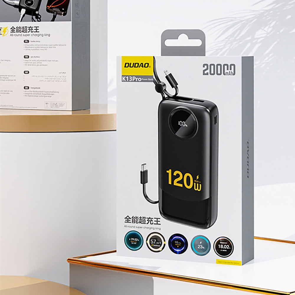 Dudao K13Pro 20000mAh Powerbank med indbygget kabel - sort